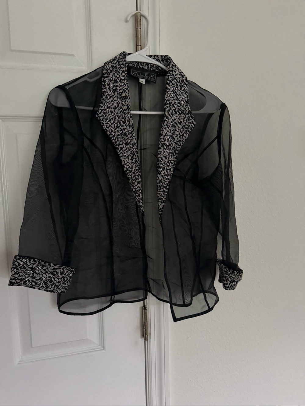 Vintage Alex Evenings Black Sheer Organza Formal Jacket Metallic Silver Trim S
